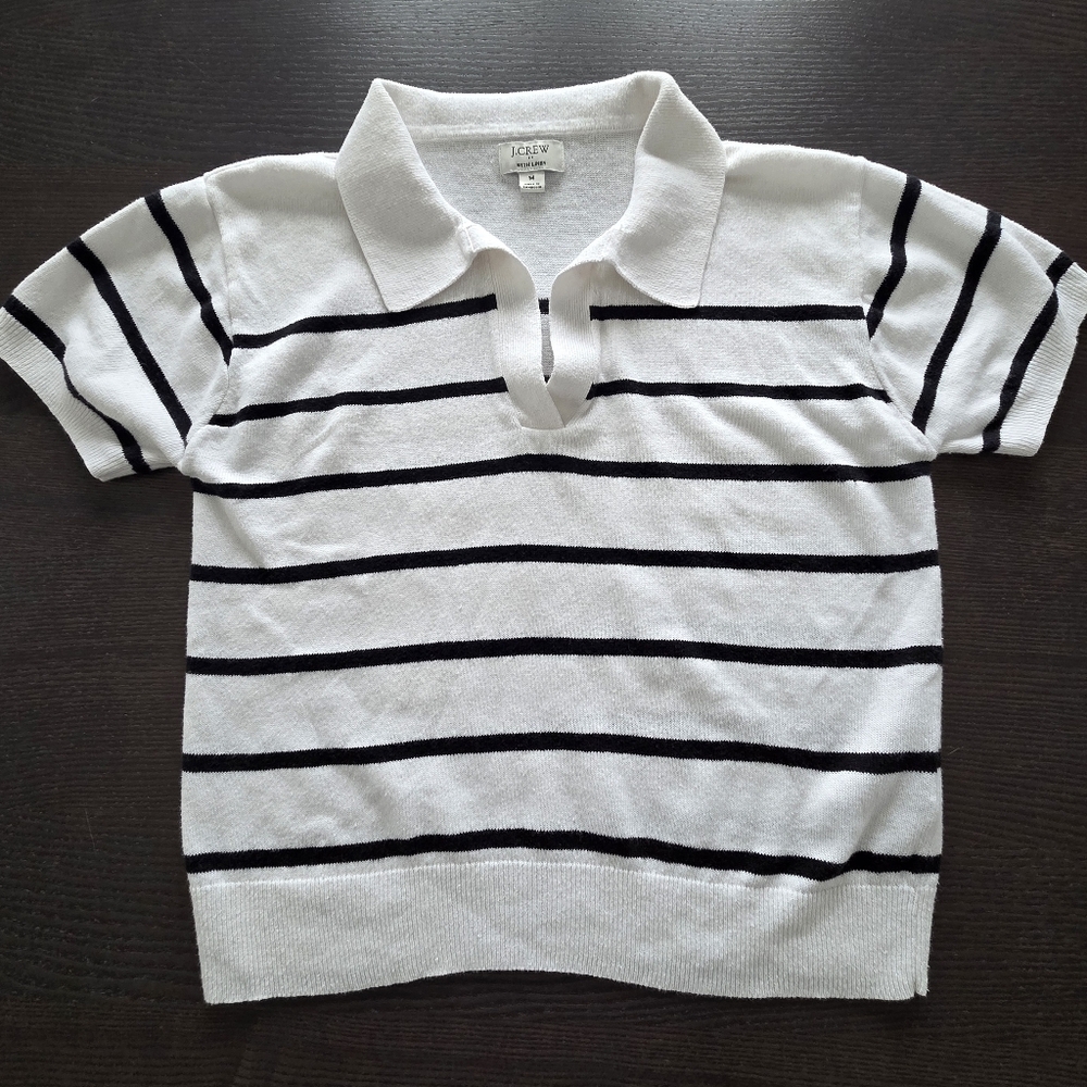 J.Crew~Striped Linen Blend Short Sleeve Polo Sweater~ Black & White~Size M SU24
